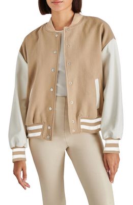 Steve Madden Alexander Faux Leather Sleeve Varsity Jacket in New Taupe