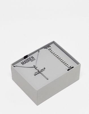 Steve Madden cross necklace and chain bracelet gift set in silver