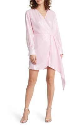 Steve Madden Kady Sequin Long Sleeve Faux Wrap Minidress in Pink Tulle