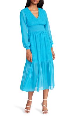 Steve Madden Nylah Smocked Long Sleeve Chiffon Midi Dress in Aruba Blue