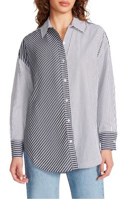 Steve Madden Poppy Oversize Stripe Colorblock Button-Up Shirt in Black Stripe