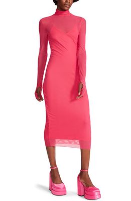 Steve Madden Vivienne Long Sleeve Mesh Midi Dress in Hot Pink