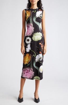 Stine Goya Danya Floral Semisheer Sleeveless Midi Dress in Scanned Foliage