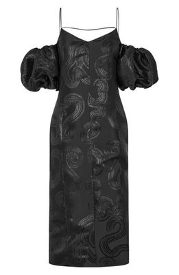 Stine Goya Ditta Off the Shoulder Puff Sleeve Midi Sheath Dress in Black Swirl