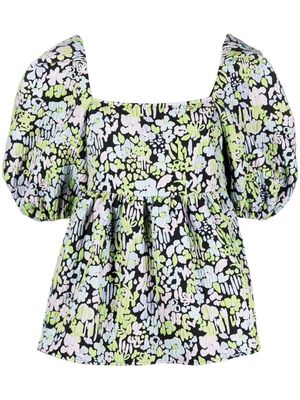 Stine Goya Irene floral puff-sleeve peplum blouse - Black