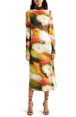 Stine Goya Jessie Abstract Floral Long Sleeve Knit Midi Dress in Flowers In Fast Motion