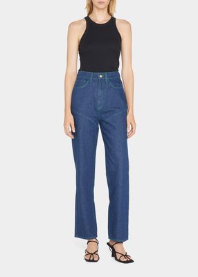 Stirrup Straight-Leg Jeans with Contrast Topstitching
