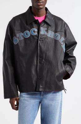 STOCKHOLM SURFBOARD CLUB Patchwork Logo Leather Coach's Jacket in Black