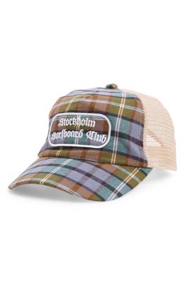 STOCKHOLM SURFBOARD CLUB Plaid Logo Embroidered Flannel Trucker Hat in Check