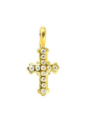 Stone Hammered 19K Yellow Gold & Diamond Small Byzantine Cross Pendant