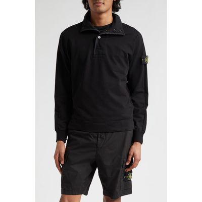 Stone Island Garment Dyed Cotton Fleece Polo Sweatshirt in Black