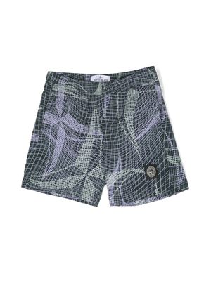 Stone Island Junior Compass-patch abstract-print swim shorts - Green