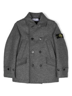 Stone Island Junior logo-patch virgin-wool blend double-breasted coat - Grey
