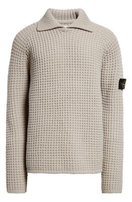 Stone Island Knotted Rib Stitch Virgin Wool Polo Sweater in Plaster