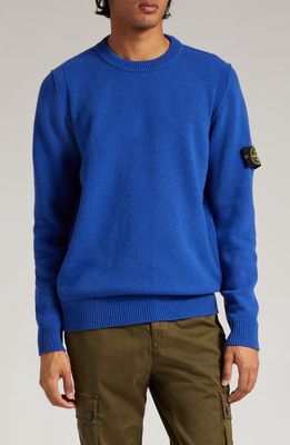 Stone Island Logo Patch Wool Blend Crewneck Sweater in Bright Blue