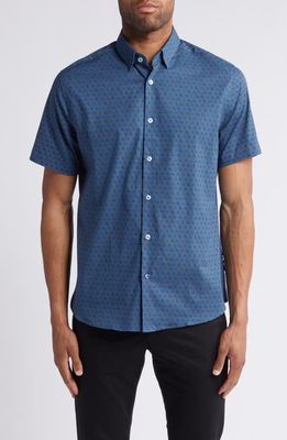 Stone Rose Bee Print Short Sleeve Stretch Button-Up Shirt in Navy 