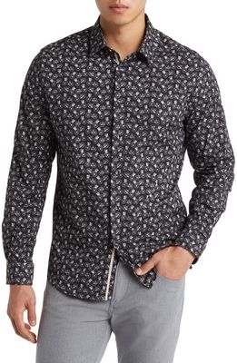 Stone Rose Bicycle Print Stretch Cotton Button-Up Shirt in Black