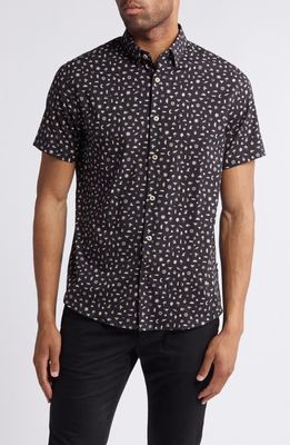 Stone Rose Boho Print Short Sleeve Stretch Button-Up Shirt in Black 