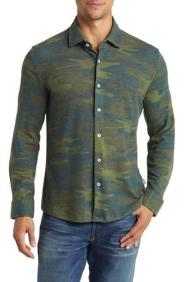 Stone Rose Camo Wrinkle Resistant Tech Fleece Button-Up Shirt in Olive Green