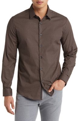 Stone Rose Clover Geometric Print Stretch Cotton Button-Up Shirt in Brown