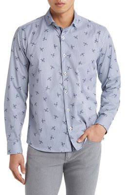 Stone Rose DRY TOUCH Stripe Plane Print Performance Sateen Button-Up Shirt in Navy