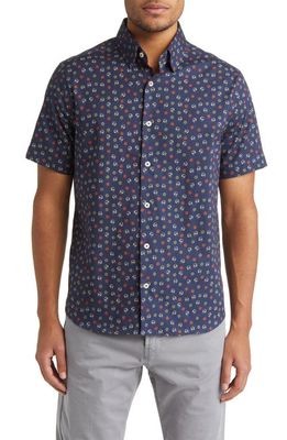 Stone Rose Floral & Skull Print Short Sleeve Stretch Cotton Button-Up Shirt in Navy