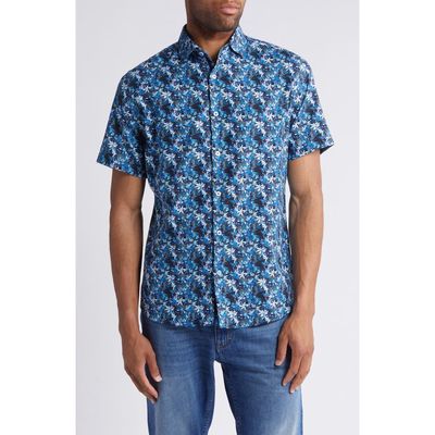 Stone Rose Floral Butterfly Print Short Sleeve Stretch Button-Up Shirt in Navy 