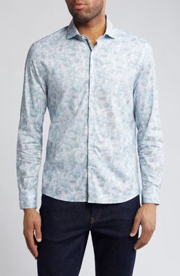 Stone Rose Floral Stretch Button-Up Shirt in Aqua