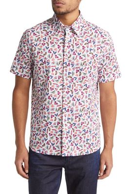 Stone Rose Geo Print Stretch Short Sleeve Button-Up Shirt in White