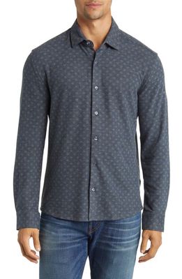 Stone Rose Geo Print Wrinkle Resistant Tech Fleece Button-Up Shirt in Navy