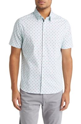 Stone Rose Geometric Print Short Sleeve Stretch Cotton Button-Up Shirt in Light Blue