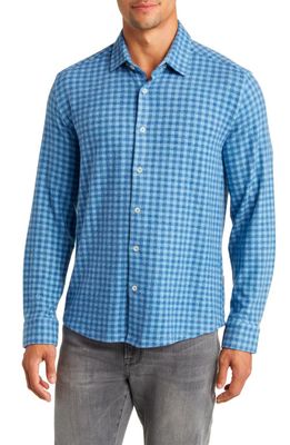 Stone Rose Gingham Check Wrinkle Resistant Tech Fleece Button-Up Shirt in Blue