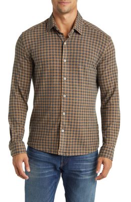Stone Rose Gingham Check Wrinkle Resistant Tech Fleece Button-Up Shirt in Brown