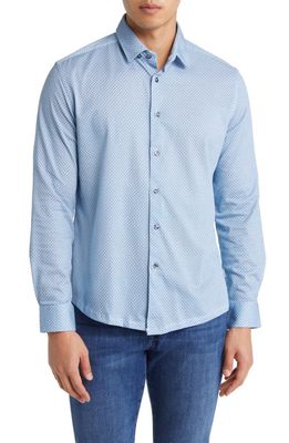 Stone Rose Hourglass Geo Dry Touch® Performance Jersey Button-Up Shirt in Blue 