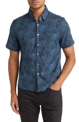 Stone Rose Jungle Print Short Sleeve Button-Up Shirt in Navy