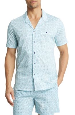 Stone Rose Medallion Print Performance Short Sleeve Button-Up Camp Shirt in Turquoise