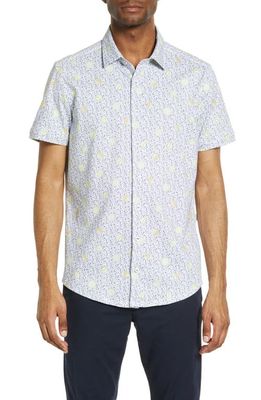 Stone Rose Melon Print DryTouch Performance Knit Short Sleeve Button-Up Shirt in Lime Yellow