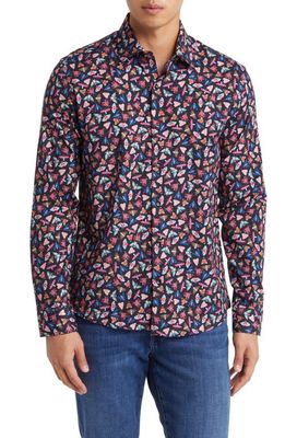 Stone Rose Moth Print Button-Up Shirt in Navy