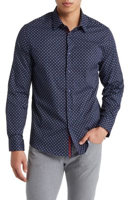 Stone Rose Painted Dot Print Stretch Cotton Button-Up Shirt in Navy