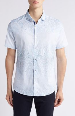 Stone Rose Paisley Short Sleeve Trim Fit Button-Up Shirt in Light Blue 