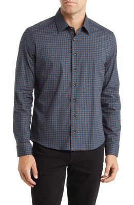 Stone Rose Scotch Print Stretch Woven Button-Up Shirt in Teal