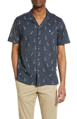 Stone Rose Skateboarder Print DryTouch Performance Knit Short Sleeve Button-Up Camp Shirt in Navy