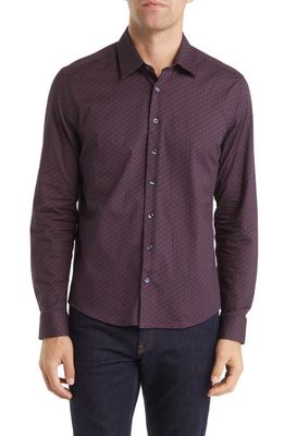 Stone Rose Skull Print Stretch Woven Button-Up Shirt in Burgundy