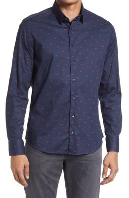 Stone Rose Tiger Print Trim Fit Stretch Cotton Button-Up Shirt in Navy