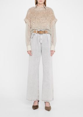 Stone-Washed Pleated Wide-Leg Elastic-Waist Jeans
