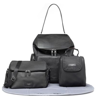 Storksak Alyssa Leather Diaper Backpack & Stroller Bag Bundle in Black/Silver 