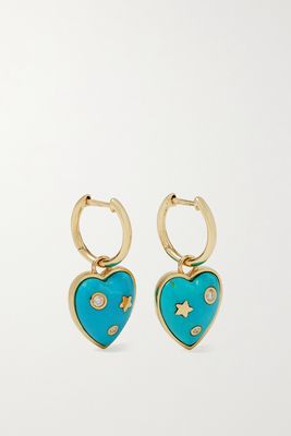Storrow - Anne Huggie 14-karat Gold, Turquoise And Diamond Hoop Earrings - Blue