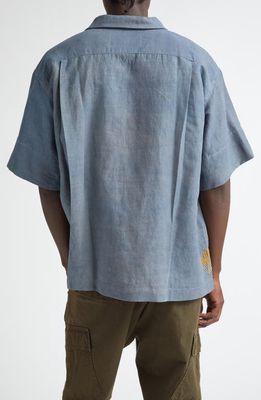 Story mfg. Greetings Floral Embroidered Cotton & Linen Camp Shirt in Blue Herb 