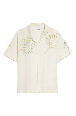 Story mfg. Greetings Floral Embroidered Cotton & Linen Camp Shirt in Ecru Broccoli