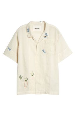 Story mfg. Greetings Hand Embroidered Carrots & Flowers Cotton & Linen Camp Shirt in Carrot Hand Embroidery